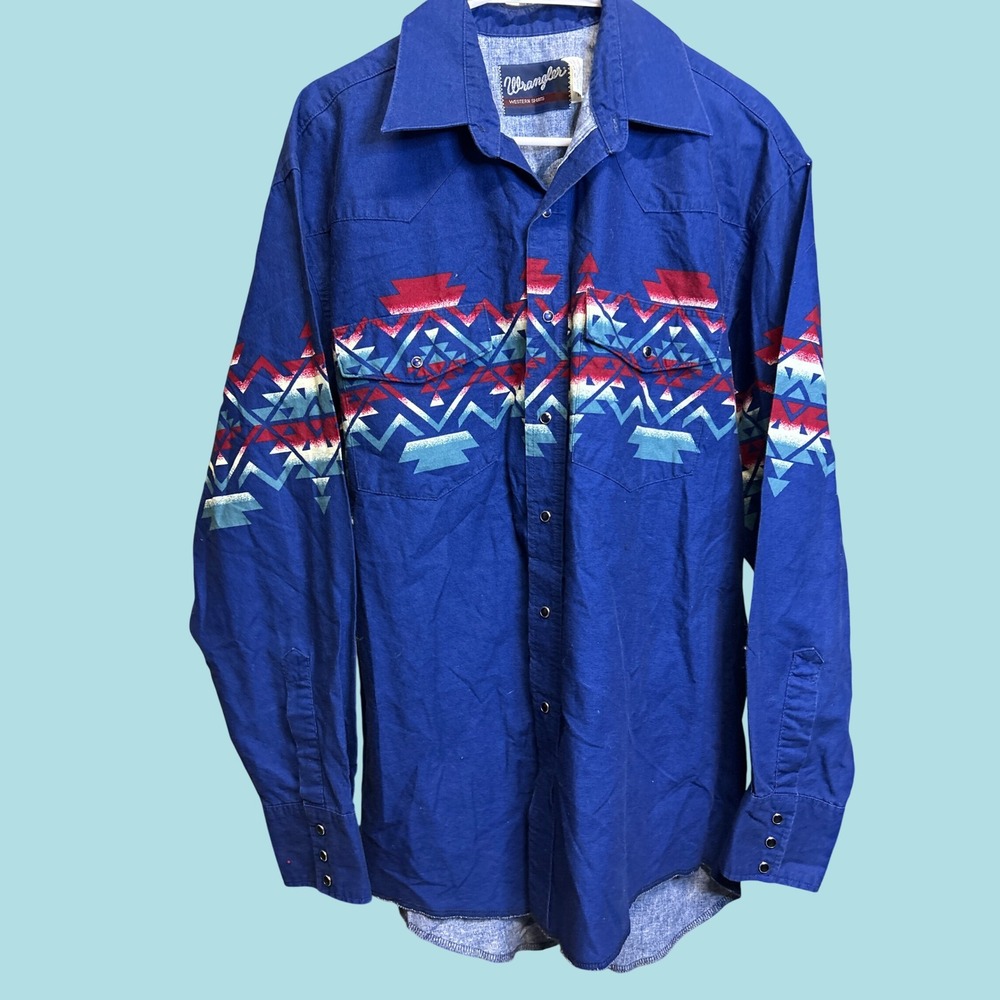Wrangler Shirt Mens L Blue Western Snap Aztec Tribal Geometric Print Cotton VTG